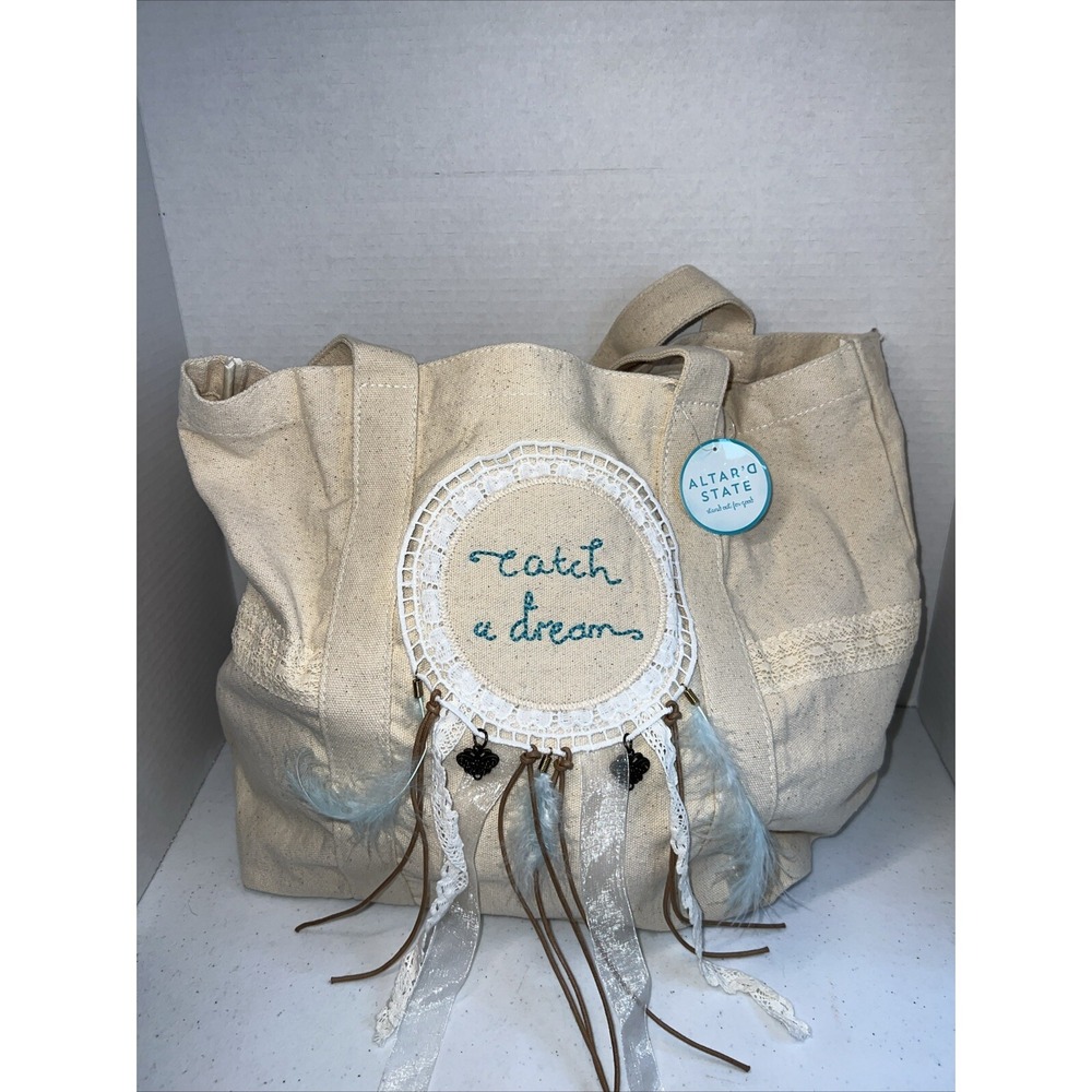 Altar'd State Catch a Dream Dreamcatcher & Feather Boho Canvas Tote Bag NWT